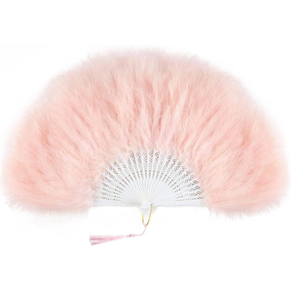 imageBABEYOND Marabou Feather Fan 20s Vintage Folding Fan Flapper Hand Fan for Costume Dancing Show Tea Party Wedding Decoration PinkPink RibLight Pink