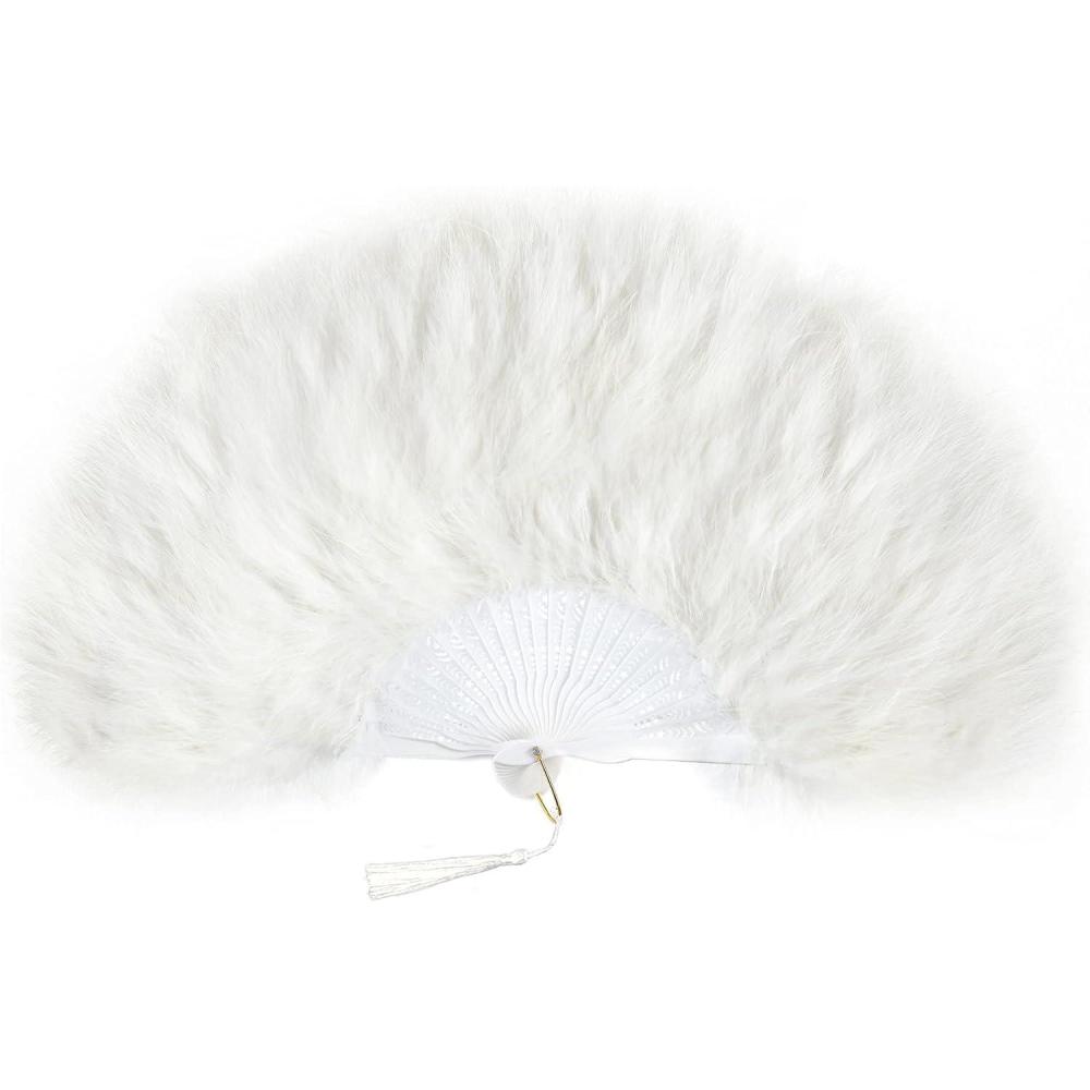 imageBABEYOND Marabou Feather Fan 20s Vintage Folding Fan Flapper Hand Fan for Costume Dancing Show Tea Party Wedding Decoration PinkPink RibOff White