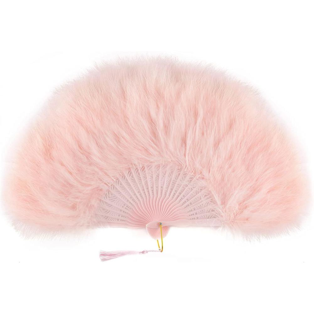 imageBABEYOND Marabou Feather Fan 20s Vintage Folding Fan Flapper Hand Fan for Costume Dancing Show Tea Party Wedding Decoration PinkPink RibPinkpink Rib