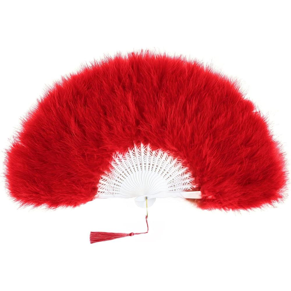 imageBABEYOND Marabou Feather Fan 20s Vintage Folding Fan Flapper Hand Fan for Costume Dancing Show Tea Party Wedding Decoration PinkPink RibRed