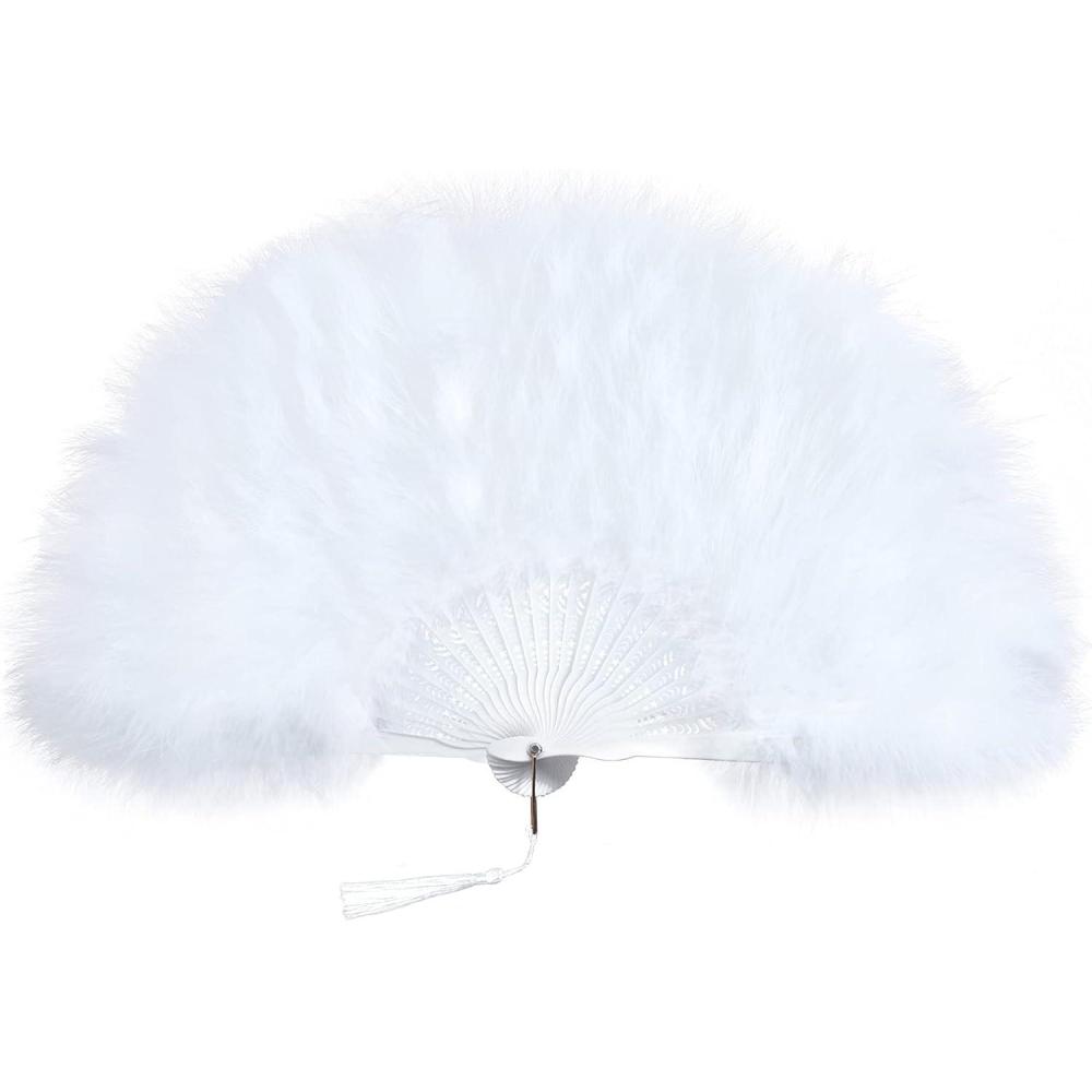 imageBABEYOND Marabou Feather Fan 20s Vintage Folding Fan Flapper Hand Fan for Costume Dancing Show Tea Party Wedding Decoration PinkPink RibWhite