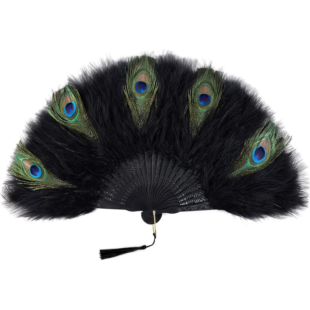 imageBABEYOND Marabou Feather Fan 20s Vintage Folding Fan Flapper Hand Fan for Costume Dancing Show Tea Party Wedding Decoration PinkPink RibZblackpeacockblack Rib