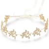 imageBABEYOND Bridal Headpiece Handmade Wedding Hair Vine Crystal Floral Leaf Headband with Lace RibbonGold
