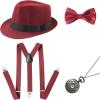 imageBABEYOND 1920s Mens Gatsby Gangster Accessories Set Panama Hat Suspender Bow TieRed Set