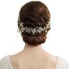 imageBABEYOND Bridal Headpiece Handmade Wedding Hair Vine Bead Crystal Floral Leaf Headband with Lace RibbonGold