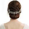 imageBABEYOND Bridal Headpiece Handmade Wedding Hair Vine Bead Crystal Floral Leaf Headband with Lace RibbonSilver