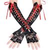 imageBABEYOND Lace Up Fingerless Gloves Long Elbow Gloves for Costume Party Laceup Arm WarmerBlack With Red Ribon