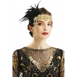 imageBABAEYOND 1920s Headpiece Flapper Headband  Feather Crystal Headpiece Flapper AccessoriesGold Black