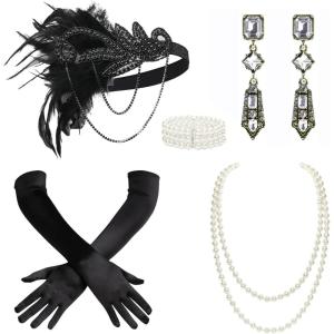 imageBABEYOND 1920s Accessories for Women  Flapper Feather Headband Headpiece for Women 20s Pearl Bracelet Necklace GlovesBlack