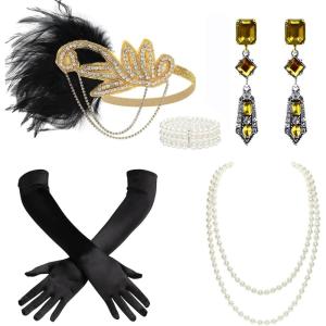 imageBABEYOND 1920s Accessories for Women  Flapper Feather Headband Headpiece for Women 20s Pearl Bracelet Necklace GlovesBlack Gold