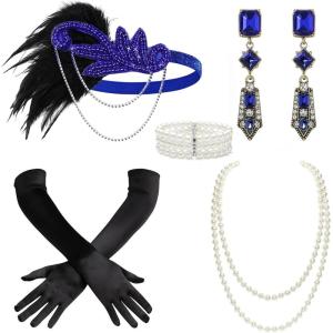 imageBABEYOND 1920s Accessories for Women  Flapper Feather Headband Headpiece for Women 20s Pearl Bracelet Necklace GlovesBlue