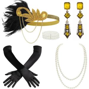 imageBABEYOND 1920s Accessories for Women  Flapper Feather Headband Headpiece for Women 20s Pearl Bracelet Necklace GlovesGold Black