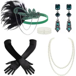 imageBABEYOND 1920s Accessories for Women  Flapper Feather Headband Headpiece for Women 20s Pearl Bracelet Necklace GlovesGreen
