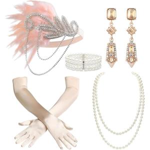 imageBABEYOND 1920s Accessories for Women  Flapper Feather Headband Headpiece for Women 20s Pearl Bracelet Necklace GlovesNude Pink