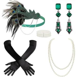 imageBABEYOND 1920s Accessories for Women  Flapper Feather Headband Headpiece for Women 20s Pearl Bracelet Necklace GlovesPeacock Green