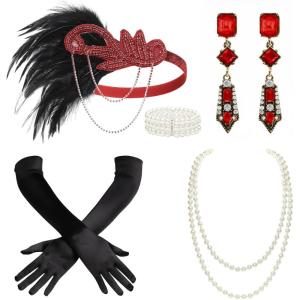 imageBABEYOND 1920s Accessories for Women  Flapper Feather Headband Headpiece for Women 20s Pearl Bracelet Necklace GlovesRed