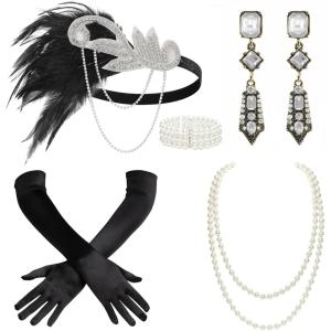imageBABEYOND 1920s Accessories for Women  Flapper Feather Headband Headpiece for Women 20s Pearl Bracelet Necklace GlovesSilver