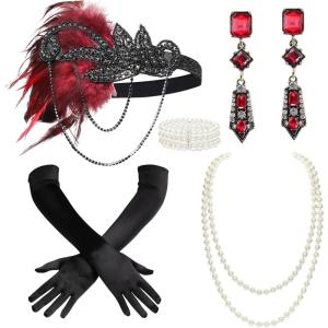 imageBABEYOND 1920s Accessories for Women  Flapper Feather Headband Headpiece for Women 20s Pearl Bracelet Necklace GlovesWine Red