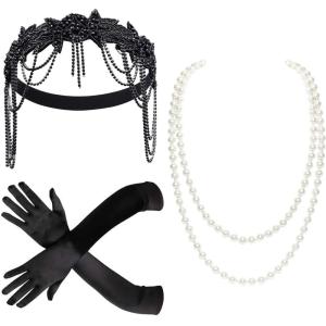 imageBABEYOND 1920s Accessories for Women  Great Gatsby Accessories Flapper Headband Headpiece Pearl Necklace Gloves for WomenBlack
