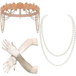 imageBABEYOND 1920s Accessories for Women  Great Gatsby Accessories Flapper Headband Headpiece Pearl Necklace Gloves for WomenChampagne