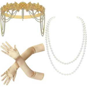 imageBABEYOND 1920s Accessories for Women  Great Gatsby Accessories Flapper Headband Headpiece Pearl Necklace Gloves for WomenGold
