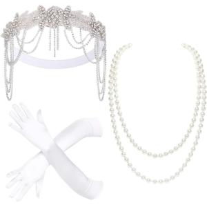 imageBABEYOND 1920s Accessories for Women  Great Gatsby Accessories Flapper Headband Headpiece Pearl Necklace Gloves for WomenWhite