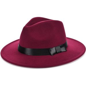 imageBABEYOND 1920s Fedora Hat for Men Gatsby Wide Brim Fedora Hat Felt Panama Cap with Band for Women MenWine Red