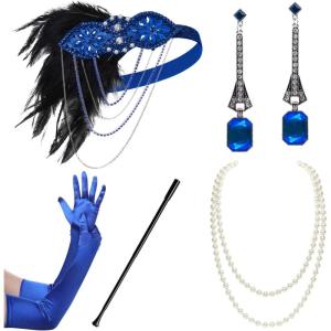 imageBABEYOND 1920s Flapper Accessories Gatsby Costume Accessories Set 20s Flapper Feather Headband Pearl Necklace GlovesBlue