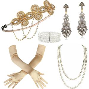 imageBABEYOND 1920s Flapper Accessories Gatsby Costume Accessories Set 20s Flapper Headband Pearl Necklace Gloves Plastic HolderGold