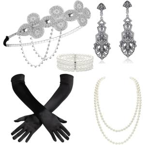 imageBABEYOND 1920s Flapper Accessories Gatsby Costume Accessories Set 20s Flapper Headband Pearl Necklace Gloves Plastic HolderSilver