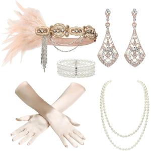 imageBABEYOND 1920s Flapper Accessories Gatsby Costume Accessories Set 20s Flapper Headband Pearl Necklace GlovesChampagne