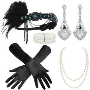 imageBABEYOND 1920s Flapper Accessories Gatsby Costume Accessories Set 20s Flapper Headband Pearl Necklace GlovesGreen