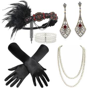 imageBABEYOND 1920s Flapper Accessories Gatsby Costume Accessories Set 20s Flapper Headband Pearl Necklace GlovesWine Red