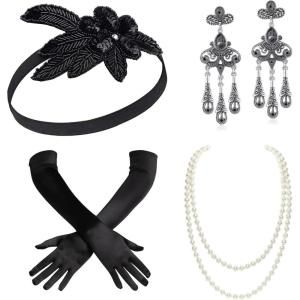 imageBABEYOND 1920s Flapper Accessories Set Gatsby Costume Accessories 20s Flapper Headband Pearl Necklace Gloves HolderSet1