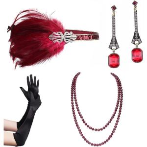 imageBABEYOND 1920s Flapper Accessories Set Gatsby Costume Accessories 20s Flapper Headband Pearl Necklace Gloves HolderSet11