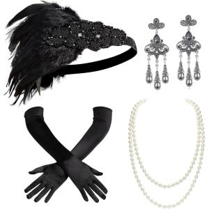 imageBABEYOND 1920s Flapper Accessories Set Gatsby Costume Accessories 20s Flapper Headband Pearl Necklace Gloves HolderSet3