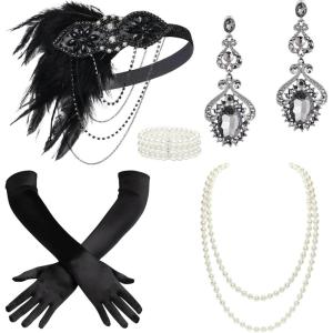 imageBABEYOND 1920s Flapper Accessories Set Gatsby Costume Accessories 20s Flapper Headband Pearl Necklace Gloves HolderSet47
