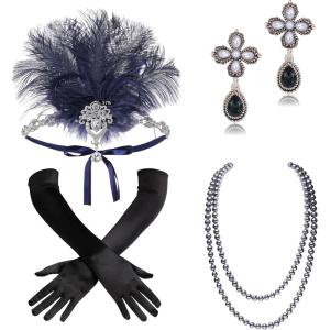 imageBABEYOND 1920s Flapper Accessories Set Gatsby Costume Accessories 20s Flapper Headband Pearl Necklace Gloves HolderSet48