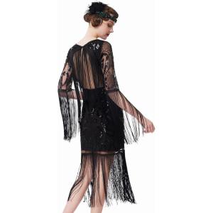 imageBABEYOND 1920s Flapper Dress Long Fringe Gatsby Dress Roaring 20s Sequin Beaded Dress Vintage Art Deco DressBlack With Black Sequins