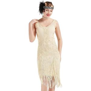 imageBABEYOND 1920s Flapper Dress Roaring 20s Great Gatsby Costume Dress Fringed Embellished DressApricot