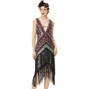 imageBABEYOND 1920s Flapper Dress V Neck Sequin Beaded Dress Roaring 20s Gatsby Fringe Party DressWine Red  Gold