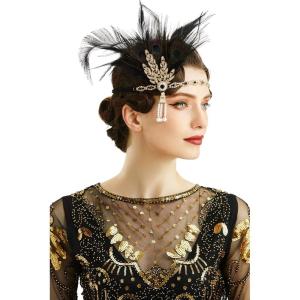 imageBABEYOND 1920s Flapper Feather Headband Roaring 20s Showgirl Gatsby HeadpiecePeacock Black