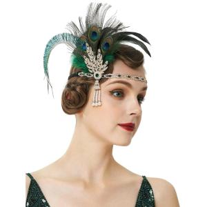 imageBABEYOND 1920s Flapper Feather Headband Roaring 20s Showgirl Gatsby HeadpiecePeacock Green