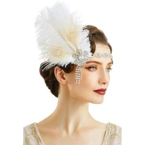 imageBABEYOND 1920s Flapper Feather Headband Roaring 20s Showgirl Great Gatsby HeadpieceWhite