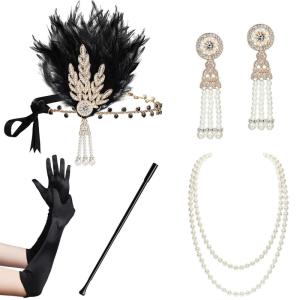 imageBABEYOND 1920s Flapper Gatsby Costume Accessories Set 20s Flapper Headband Pearl Necklace Gloves Holder