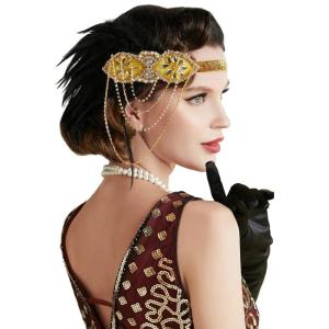 imageBABEYOND 1920s Flapper Headband 20s Great Gatsby Headpiece Black Feather Headband 1920s Flapper Gatsby Hair Accessories BlackGold