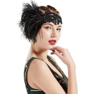 imageBABEYOND 1920s Flapper Headband Black Feather Headpiece 20s Gatsby AccessoryBlack