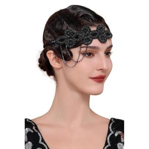 imageBABEYOND 1920s Flapper Headband Crystal Great Gatsby Headpiece Roaring 20s Flapper Gatsby Hair AccessoriesBlack