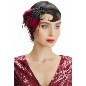 imageBABEYOND 1920s Flapper Headband Feather Beaded Headpiece Roaring 20s Great Gatsby Hair Accessory for Party BlackBlack Red