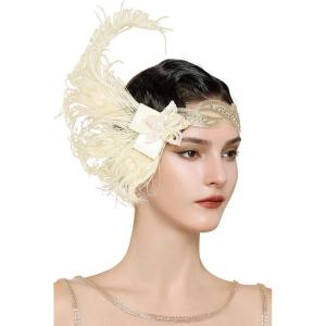 imageBABEYOND 1920s Flapper Headband Peacock Feather Headpiece Gatsby Accessories for Women Sequined Showgirl HeadpieceBeige